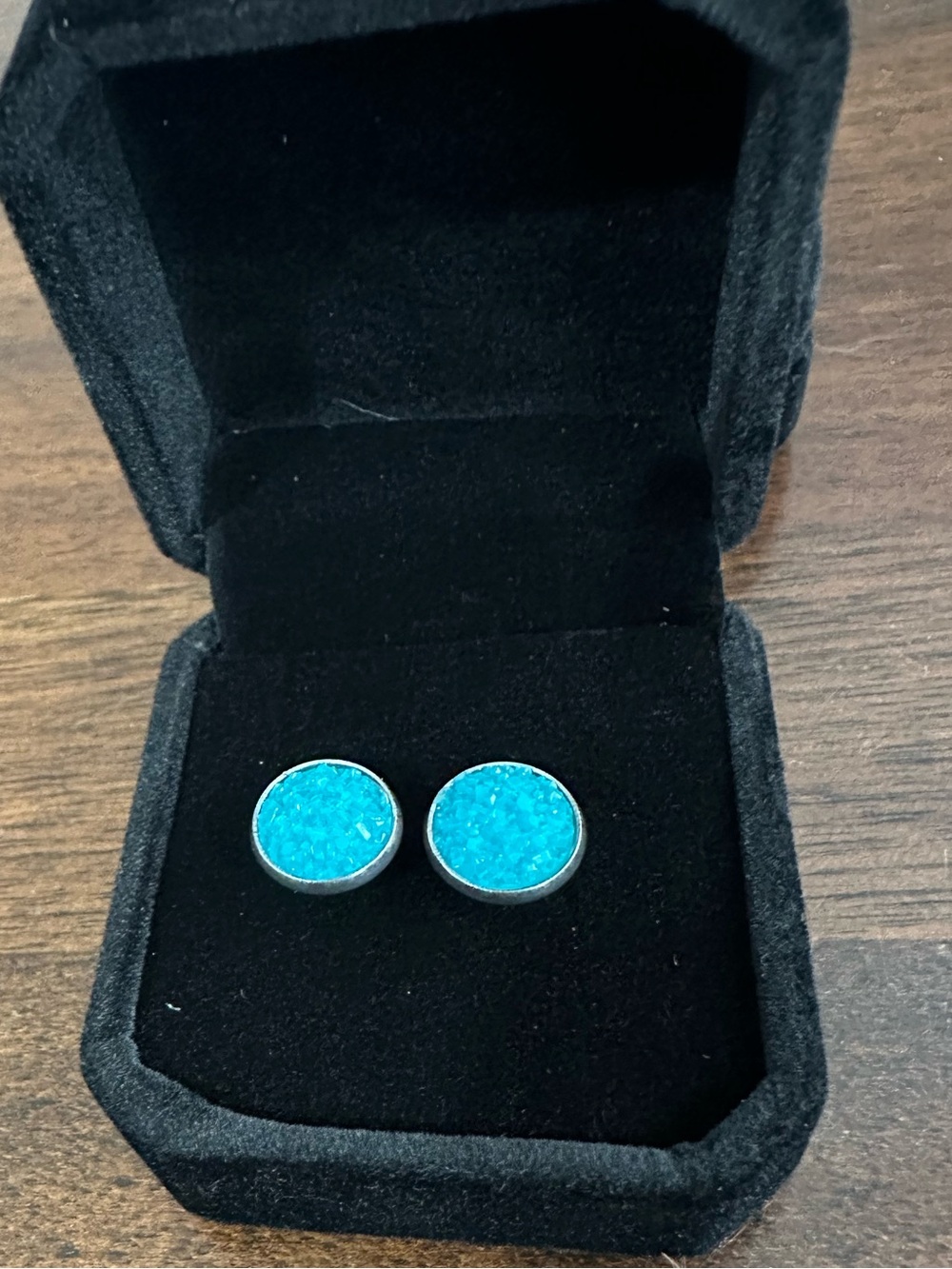 Authentic Turquoise Crystal Druzy Round Women’s Stud Earrings-Silver